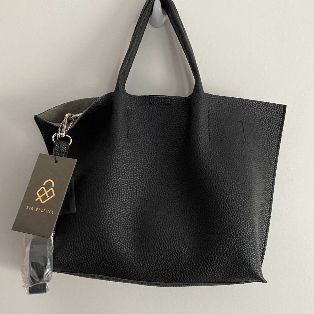 Street Level Shoulder Crossbody Tote with Small Wallet - Black